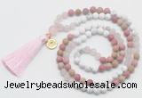 GMN6304 Knotted white howlite, pink jasper & rose quartz 108 beads mala necklace with tassel & charm