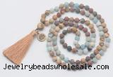 GMN6306 Knotted 8mm, 10mm matte mixed amazonite & jasper 108 beads mala necklace with tassel & charm