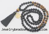 GMN6311 Knotted 8mm, 10mm matte black agate & yellow tiger eye 108 beads mala necklace with tassel & charm