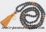 GMN6315 Knotted black lava & yellow tiger eye 108 beads mala necklace with tassel & charm