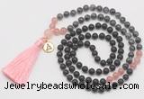 GMN6317 Knotted matte black agate, black labradorite & rose quartz 108 beads mala necklace with tassel & charm