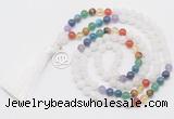 GMN6319 Knotted 7 Chakra white jade 108 beads mala necklace with tassel & charm