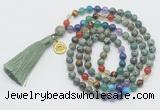 GMN6326 Knotted 7 Chakra African turquoise 108 beads mala necklace with tassel & charm