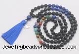 GMN6328 Knotted 7 Chakra black lava & lapis lazuli 108 beads mala necklace with tassel & charm