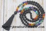 GMN6343 Knotted 7 Chakra 8mm, 10mm black lava 108 beads mala necklace with tassel