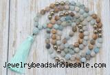 GMN6344 Knotted 8mm, 10mm matte amazonite & picture jasper 108 beads mala necklace with tassel