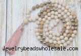 GMN6345 Knotted 8mm, 10mm white fossil jasper & picture jasper 108 beads mala necklace with tassel