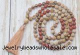 GMN6346 Knotted 8mm, 10mm matte picture jasper & red jasper 108 beads mala necklace with tassel