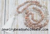 GMN6354 Knotted 8mm, 10mm sunstone, white crystal & white jade 108 beads mala necklace with tassel