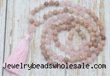 GMN6355 Knotted 8mm, 10mm sunstone, rose quartz & white jade 108 beads mala necklace with tassel