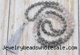 GMN6356 Knotted 8mm, 10mm labradorite, rose quartz & white moonstone 108 beads mala necklace with tassel