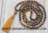 GMN6358 Knotted 8mm, 10mm yellow tiger eye, garnet & smoky quartz 108 beads mala necklace with tassel