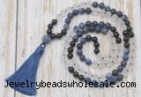 GMN6366 Knotted 8mm, 10mm matte sodalite, white crystal  & black agate 108 beads mala necklace with tassel