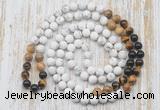 GMN6408 Hand-knotted 8mm, 10mm matte white howlite & mixed gemstone 108 beads mala necklaces