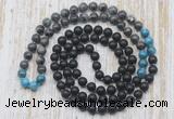 GMN6418 Hand-knotted 8mm, 10mm matte black agate, black labradorite & apatite 108 beads mala necklaces