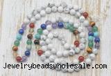 GMN6421 Hand-knotted 7 Chakra 8mm, 10mm white howlite 108 beads mala necklaces