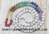 GMN6422 Hand-knotted 7 Chakra 8mm, 10mm white howlite 108 beads mala necklaces