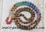 GMN6424 Hand-knotted 7 Chakra 8mm, 10mm yellow tiger eye 108 beads mala necklaces