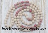 GMN6450 Hand-knotted 8mm, 10mm white fossil jasper & pink wooden jasper 108 beads mala necklaces