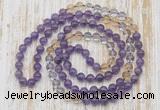 GMN6453 Hand-knotted 8mm, 10mm amethyst, citrine & white crystal 108 beads mala necklaces