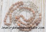 GMN6454 Hand-knotted 8mm, 10mm sunstone, white crystal & white jade 108 beads mala necklaces