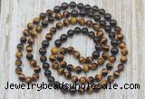 GMN6458 Knotted 8mm, 10mm yellow tiger eye, garnet & smoky quartz 108 beads mala necklaces