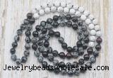 GMN6459 Knotted 8mm, 10mm snowflake obsidian, garnet & matte white howlite 108 beads mala necklaces