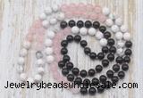 GMN6462 Hand-knotted 8mm, 10mm black agate, rose quartz & white howlite 108 beads mala necklaces