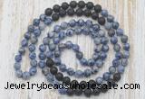 GMN6464 Hand-knotted 8mm, 10mm blue spot stone & black lava 108 beads mala necklaces