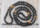 GMN6469 Knotted 8mm, 10mm black lava, smoky quartz & golden tiger eye 108 beads mala necklaces