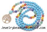 GMN6485 Knotted 7 Chakra 8mm, 10mm turquoise 108 beads mala necklace with charm