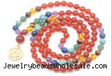 GMN6486 Knotted 7 Chakra 8mm, 10mm red agate 108 beads mala necklace with charm