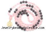 GMN6498 Knotted 8mm, 10mm rose quartz & garnet 108 beads mala necklace with charm