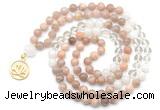 GMN6500 Knotted 8mm, 10mm sunstone, white crystal & white jade 108 beads mala necklace with charm