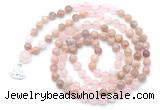 GMN6501 Knotted 8mm, 10mm sunstone, rose quartz & white jade 108 beads mala necklace with charm