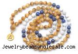 GMN6503 Knotted 8mm, 10mm golden tiger eye, lapis lazuli & matte white howlite 108 beads mala necklace with charm