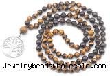 GMN6504 Knotted 8mm, 10mm yellow tiger eye, garnet & smoky quartz 108 beads mala necklace with charm