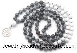 GMN6505 Knotted 8mm, 10mm snowflake obsidian, garnet & matte white howlite 108 beads mala necklace with charm