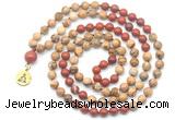 GMN6506 Knotted 8mm, 10mm picture jasper & red jasper 108 beads mala necklace with charm