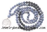 GMN6510 Knotted 8mm, 10mm blue spot stone & black lava 108 beads mala necklace with charm