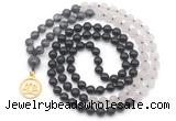 GMN6514 Knotted 8mm, 10mm black labradorite, matte rose quartz  & black agate 108 beads mala necklace with charm