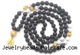 GMN6515 Knotted 8mm, 10mm black lava, matte white howlite & golden tiger eye 108 beads mala necklace with charm