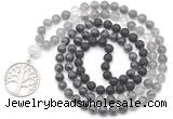 GMN6517 Knotted 8mm, 10mm black lava, black labradorite & cloudy quartz 108 beads mala necklace with charm