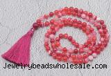 GMN674 Hand-knotted 8mm, 10mm red banded agate 108 beads mala necklaces with tassel