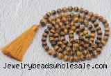 GMN740 Hand-knotted 8mm, 10mm yellow tiger eye 108 beads mala necklaces with tassel