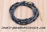 GMN7522 4mm faceted round tiny snowflake obsidian beaded necklace with letter charm