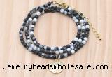 GMN7541 4mm faceted round tiny black & white jasper beaded necklace with letter charm