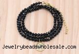 GMN7545 4mm faceted round tiny black onyx beaded necklace with letter charm