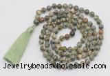 GMN790 Hand-knotted 8mm, 10mm rhyolite 108 beads mala necklace with tassel