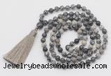 GMN792 Hand-knotted 8mm, 10mm black water jasper 108 beads mala necklace with tassel